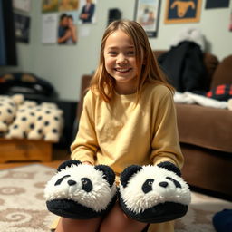 A teenage girl with a joyful expression, wearing fuzzy panda slippers which lend a whimsical touch to her casual home outfit