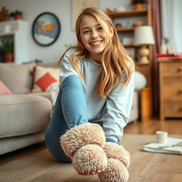 A teenage girl with a cheerful and casual vibe, wearing cozy fuzzy slippers that add a touch of playfulness to her outfit