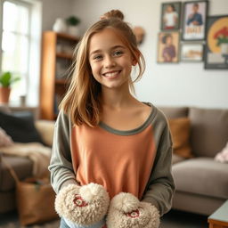 A teenage girl with a cheerful and casual vibe, wearing cozy fuzzy slippers that add a touch of playfulness to her outfit