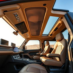 The interior of an advanced off-road vehicle powered by solar panels and thermal energy, designed for extreme terrains