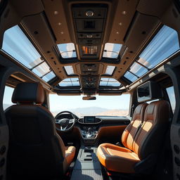 The interior of an advanced off-road vehicle powered by solar panels and thermal energy, designed for extreme terrains