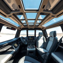 The interior of an advanced off-road vehicle powered by solar panels and thermal energy, designed for extreme terrains