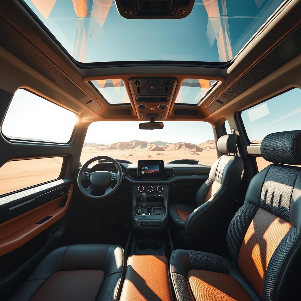 The interior of an advanced off-road vehicle powered by solar panels and thermal energy, designed for extreme terrains