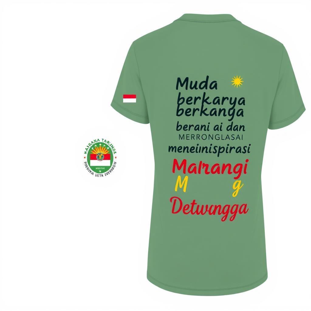 T-shirt with a small logo on the front left (left chest) and the back featuring text "Muda berkarya, berani dan menginspirasi" and "Karang Taruna Putra Dewangga" in a cheerful and vibrant font suitable for morning exercise