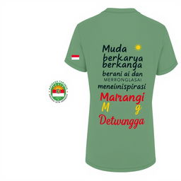 T-shirt with a small logo on the front left (left chest) and the back featuring text "Muda berkarya, berani dan menginspirasi" and "Karang Taruna Putra Dewangga" in a cheerful and vibrant font suitable for morning exercise