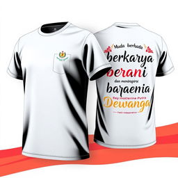 T-shirt with a small logo on the front left (left chest) and the back featuring text "Muda berkarya, berani dan menginspirasi" and "Karang Taruna Putra Dewangga" in a cheerful and vibrant font suitable for morning exercise