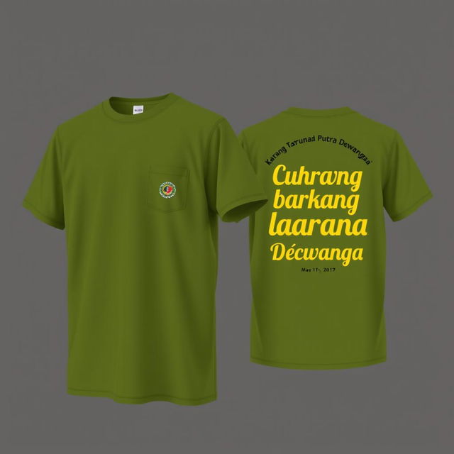 T-shirt with a small logo on the front left (left chest) and the back featuring text "Muda berkarya, berani dan menginspirasi" and "Karang Taruna Putra Dewangga" in a cheerful and vibrant font suitable for morning exercise