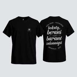 Black T-shirt with a small, modern logo on the front left (left chest) and the back featuring aesthetic, contemporary text "Muda berkarya, berani dan menginspirasi" and "Karang Taruna Putra Dewangga" in a stylish and trendy font