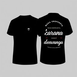 Black T-shirt with a small, modern logo on the front left (left chest) and the back featuring aesthetic, contemporary text "Muda berkarya, berani dan menginspirasi" and "Karang Taruna Putra Dewangga" in a stylish and trendy font