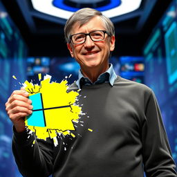 Bill Gates stands confidently, holding a vibrant Windows 10 logo in his hand