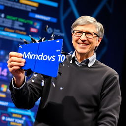 Bill Gates stands confidently, holding a vibrant Windows 10 logo in his hand