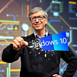 Bill Gates stands confidently, holding a vibrant Windows 10 logo in his hand