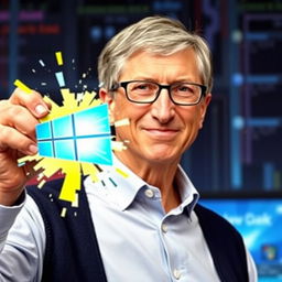 Bill Gates stands confidently, holding a vibrant Windows 10 logo in his hand