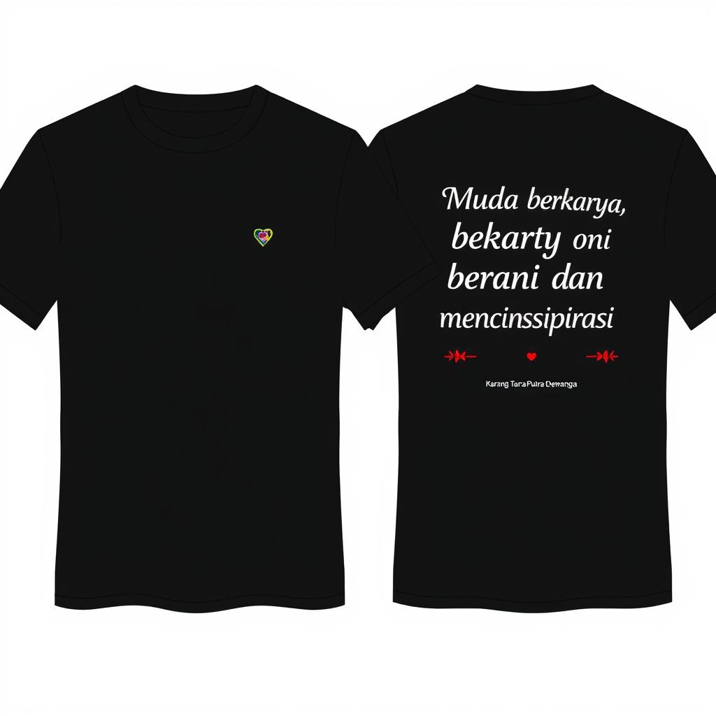 Black T-shirt with a small, contemporary logo on the front left (left chest) and the back featuring aesthetic, trendy text "Muda berkarya, berani dan menginspirasi" and "Karang Taruna Putra Dewangga" in a sleek and modern font