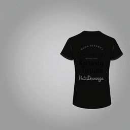 Black T-shirt with a small, contemporary logo on the front left (left chest) and the back featuring aesthetic, trendy text "Muda berkarya, berani dan menginspirasi" and "Karang Taruna Putra Dewangga" in a sleek and modern font