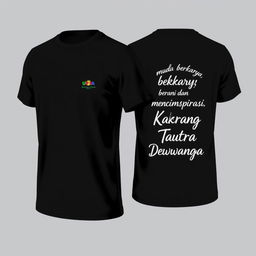 Black T-shirt with a small, contemporary logo on the front left (left chest) and the back featuring aesthetic, trendy text "Muda berkarya, berani dan menginspirasi" and "Karang Taruna Putra Dewangga" in a sleek and modern font