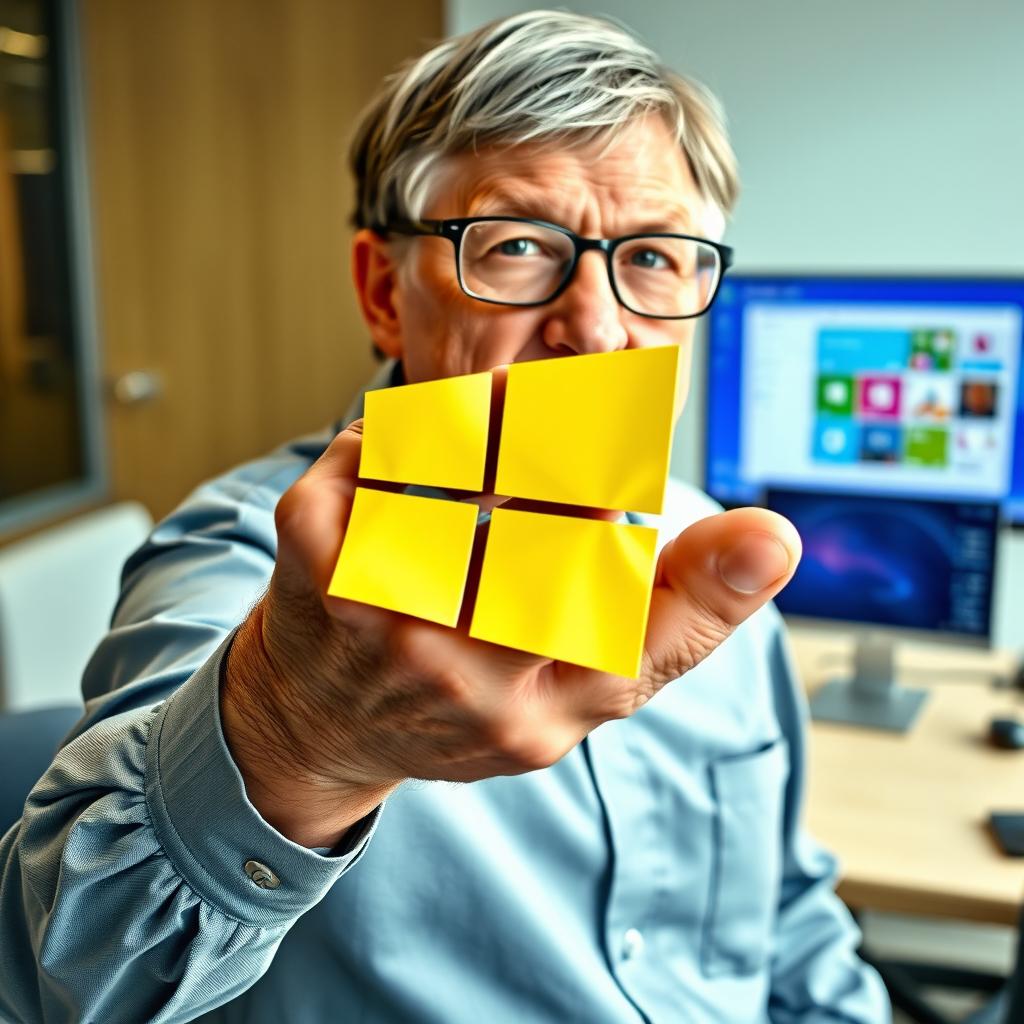 Bill Gates using his hand to crush the Windows 10 logo, set in an office environment