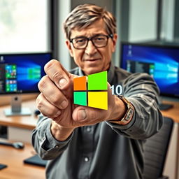 Bill Gates using his hand to crush the Windows 10 logo, set in an office environment