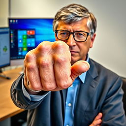 Bill Gates using his hand to crush the Windows 10 logo, set in an office environment