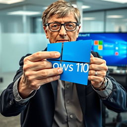 Bill Gates using his hand to crush the Windows 10 logo, set in an office environment