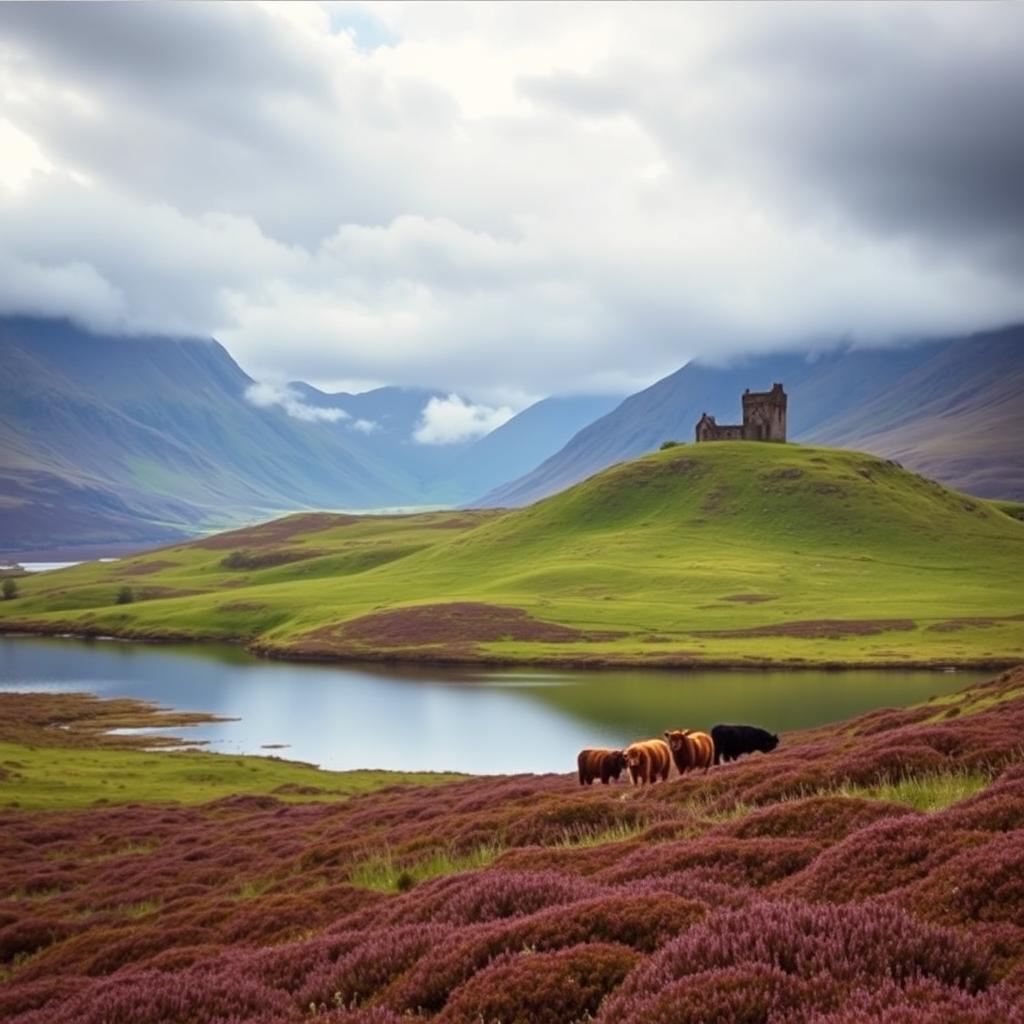 Majestic Scottish Highlands landscape featuring vast rolling hills covered in lush green grass and purple heather