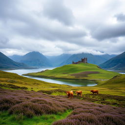 Majestic Scottish Highlands landscape featuring vast rolling hills covered in lush green grass and purple heather