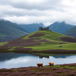 Majestic Scottish Highlands landscape featuring vast rolling hills covered in lush green grass and purple heather