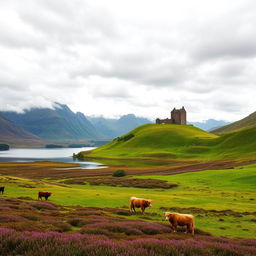 Majestic Scottish Highlands landscape featuring vast rolling hills covered in lush green grass and purple heather