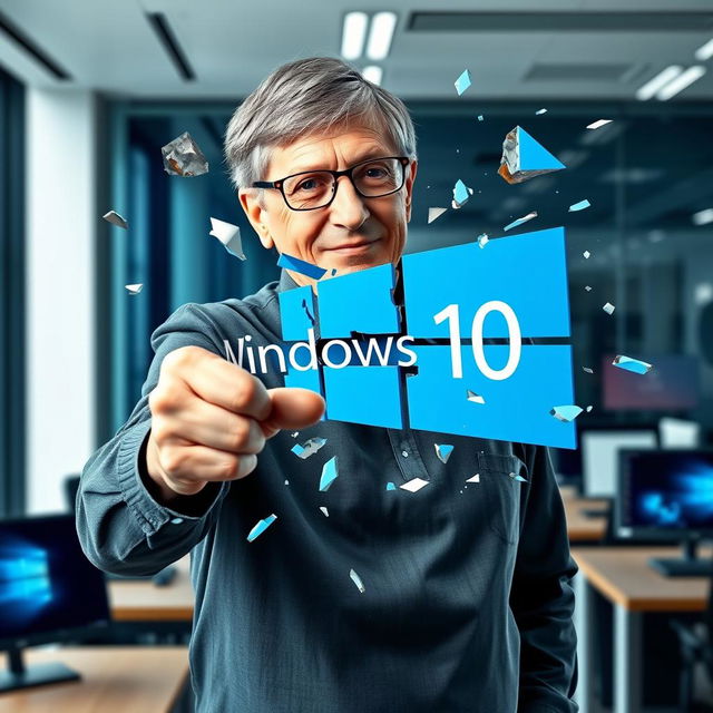 Bill Gates breaking the Windows 10 logo with his hand, set against a contemporary office backdrop