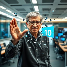 Bill Gates breaking the Windows 10 logo with his hand, set against a contemporary office backdrop