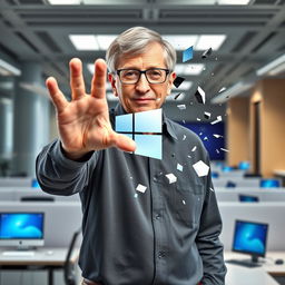 Bill Gates breaking the Windows 10 logo with his hand, set against a contemporary office backdrop