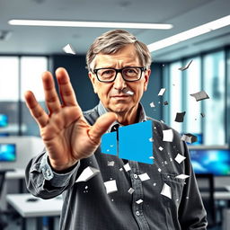 Bill Gates breaking the Windows 10 logo with his hand, set against a contemporary office backdrop