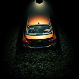 A dramatic movie poster featuring the back of a wrecked Toyota Camry, seen from a top-down isometric view