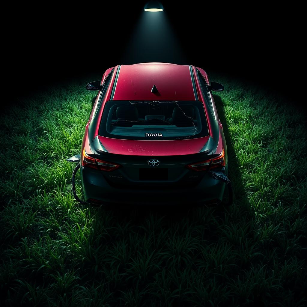 A dramatic movie poster featuring the back of a wrecked Toyota Camry, seen from a top-down isometric view