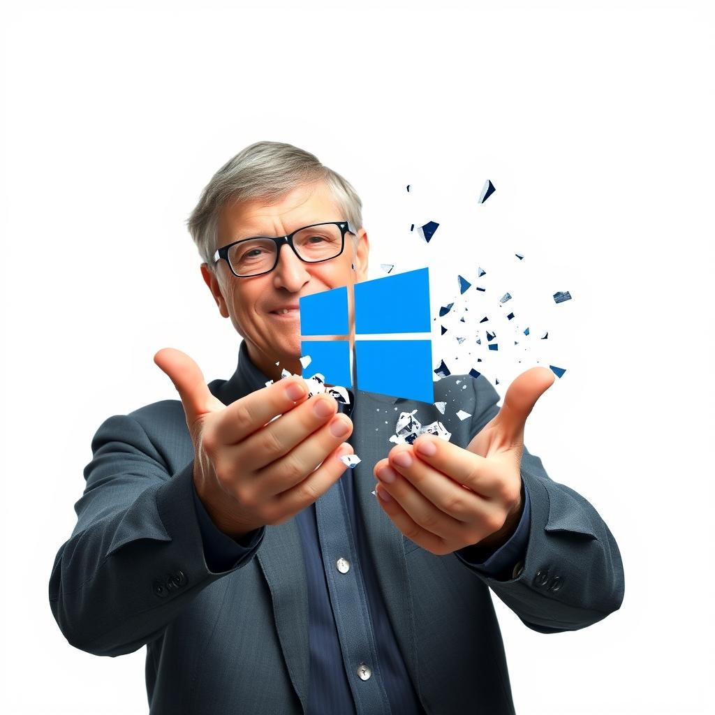 Bill Gates breaking the Windows 10 logo with his hands, set against a plain white background