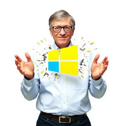 Bill Gates breaking the Windows 10 logo with his hands, set against a plain white background