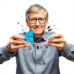 Bill Gates breaking the Windows 10 logo with his hands, set against a plain white background