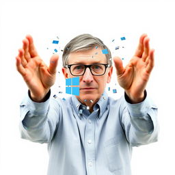 Bill Gates breaking the Windows 10 logo with his hands, set against a plain white background