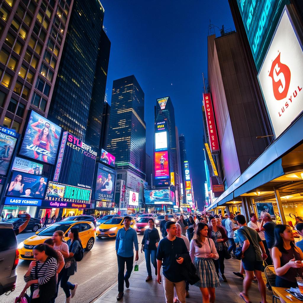 A dynamic scene capturing the essence of a cityscape at night, with bustling streets and vibrant nightlife