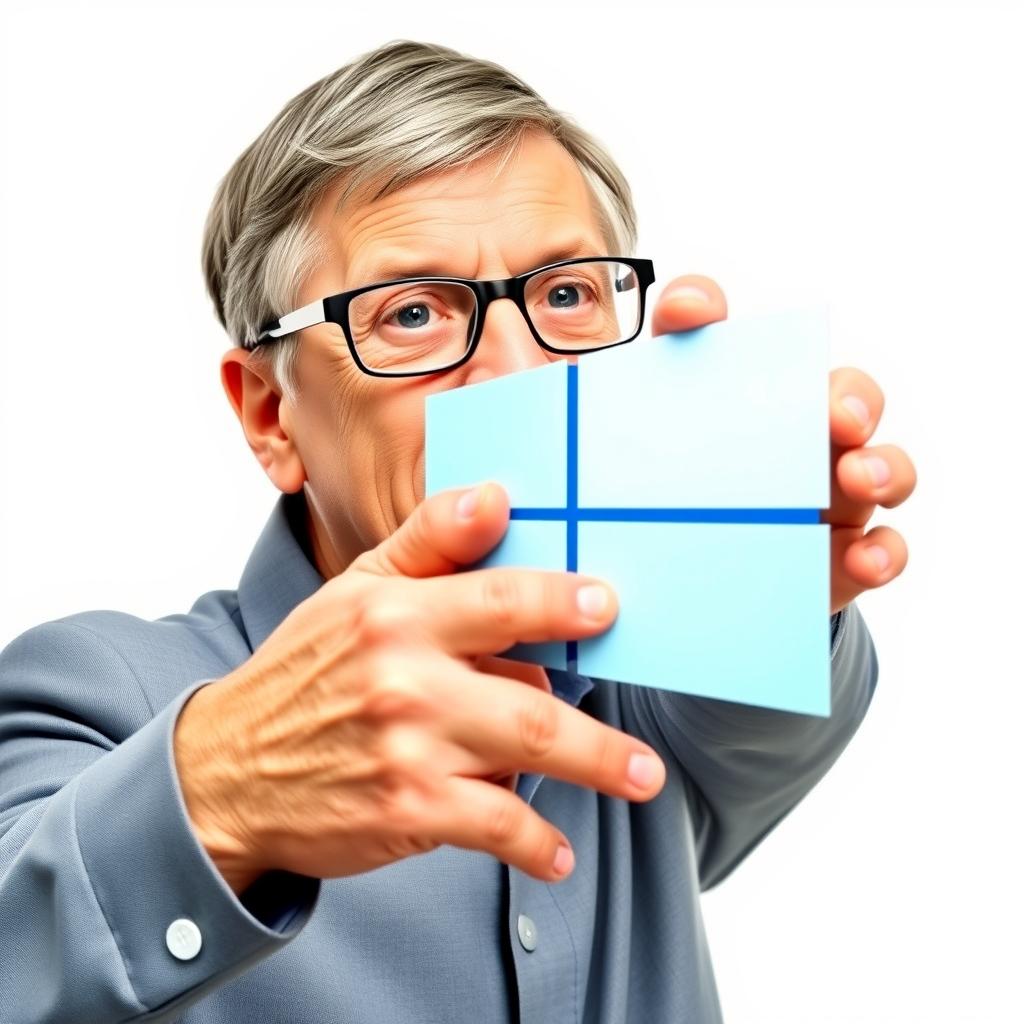 Bill Gates crushing the Windows 10 logo with his hands, against a clean white background