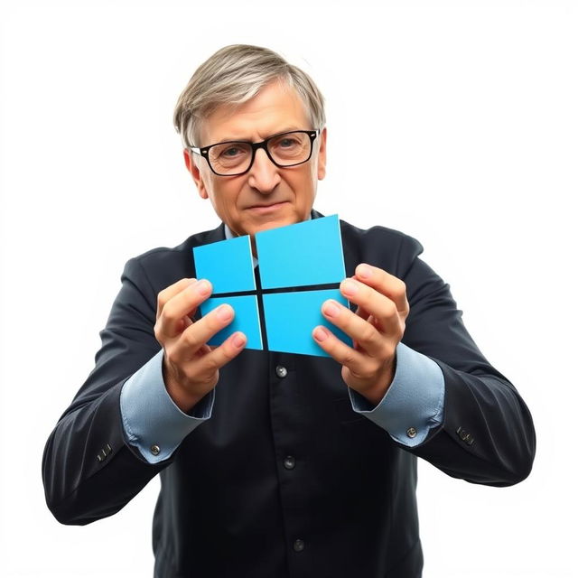 Bill Gates crushing the Windows 10 logo with his hands, against a clean white background