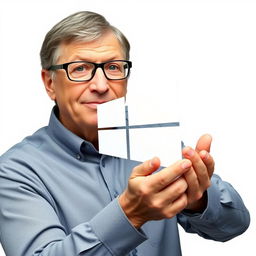 Bill Gates crushing the Windows 10 logo with his hands, against a clean white background