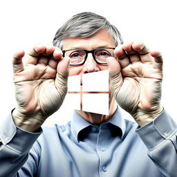 Bill Gates crushing the Windows 10 logo with his hands, against a clean white background