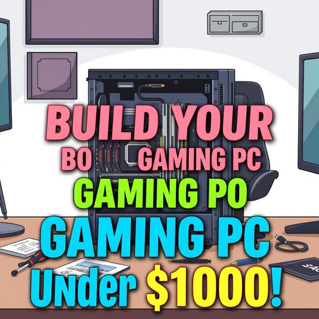 A YouTube thumbnail illustration showing a budget gaming PC setup being assembled