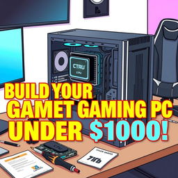 A YouTube thumbnail illustration showing a budget gaming PC setup being assembled