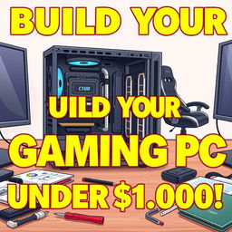 A YouTube thumbnail illustration showing a budget gaming PC setup being assembled