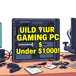 A YouTube thumbnail illustration showing a budget gaming PC setup being assembled