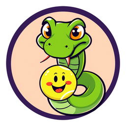 A playful and humorous logo design featuring a cartoon-style green viper snake with exaggerated features, humorously biting a tennis ball