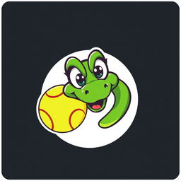 A playful and humorous logo design featuring a cartoon-style green viper snake with exaggerated features, humorously biting a tennis ball