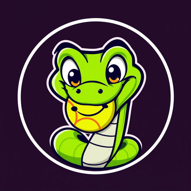 A playful and humorous logo design featuring a cartoon-style green viper snake with exaggerated features, humorously biting a tennis ball